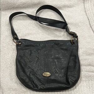 Vintage Black Fossil Leather Crossbody Bag with Brass Accents